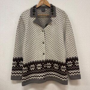 Vintage Sinclair Casual Knit Wool Gray & Creme Nordic Cardigan sz L (42-44)